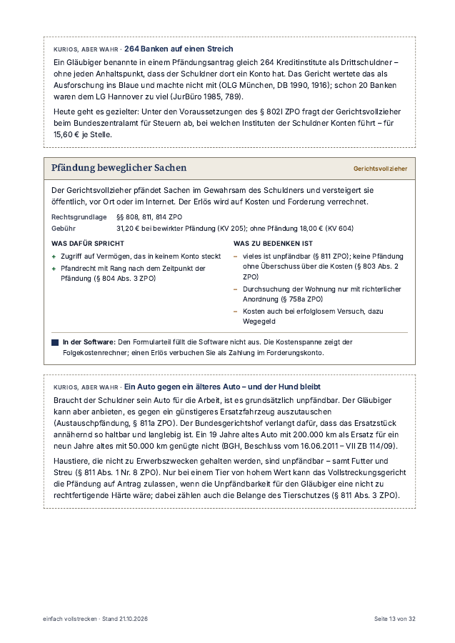 Seite aus dem Booklet: Kasten Kurios, aber wahr zum Pfändungsantrag gegen 264 Banken und der Steckbrief Pfändung beweglicher Sachen mit Stärken und Grenzen.